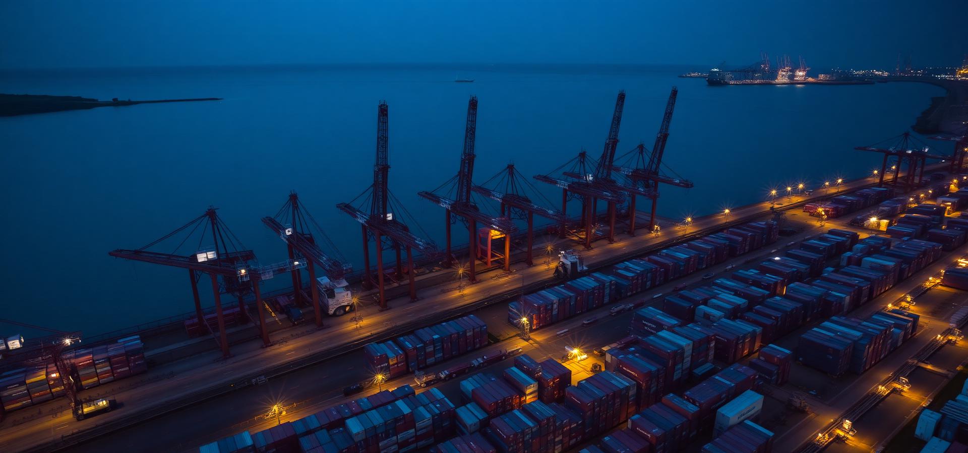 Container port at dusk